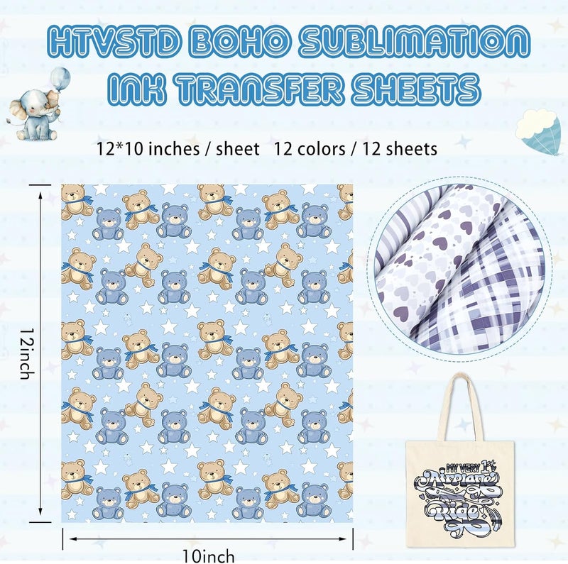 HTVSTD Boho Sublimation Ink Transfer Sheets 10 Sheets 12'' x 10''Plaid Sublimation Paper Rainbow/Car/Bear/Baby Elephant Pattern Transfer Sheets for Mugs Tumblers DIY Transfer Paper - Image 3